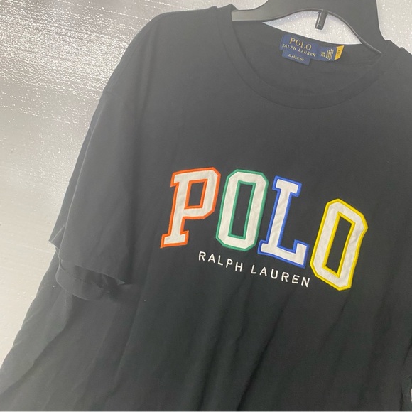 Polo Shirt Men XXL Black Colorful Spell Out Crew Neck Cotton Tshirt Short Sleeve - Picture 3 of 8